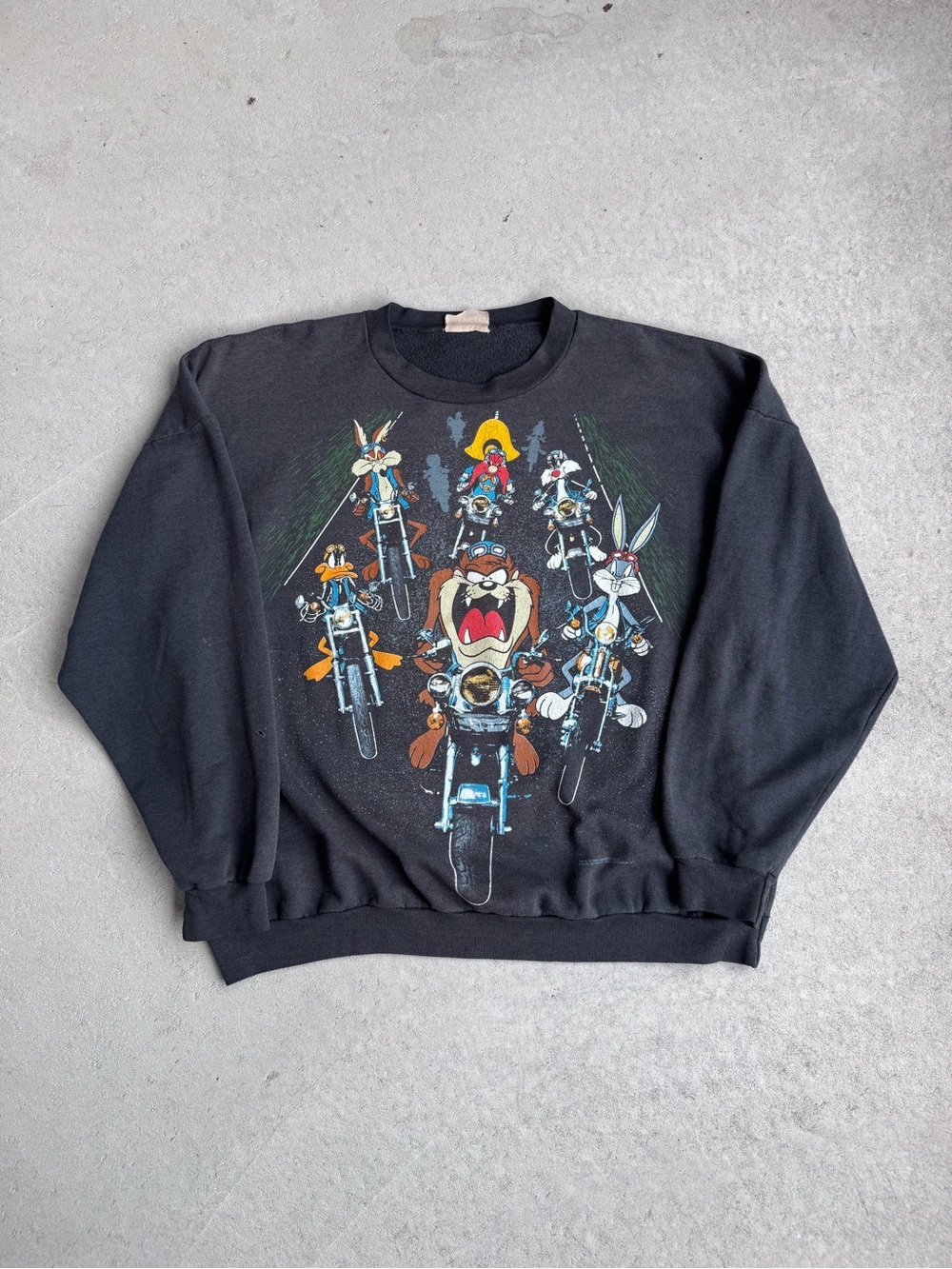 Vintage Black Crewneck Sweatshirt with Looney Tunes Motorcycle Print 1994s